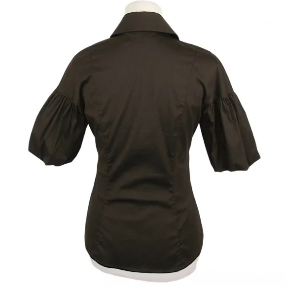 PER SE Brown Puff Sleeve Button Front Shirt Office Blouse Top Women's Size 4 - Picture 3 of 10